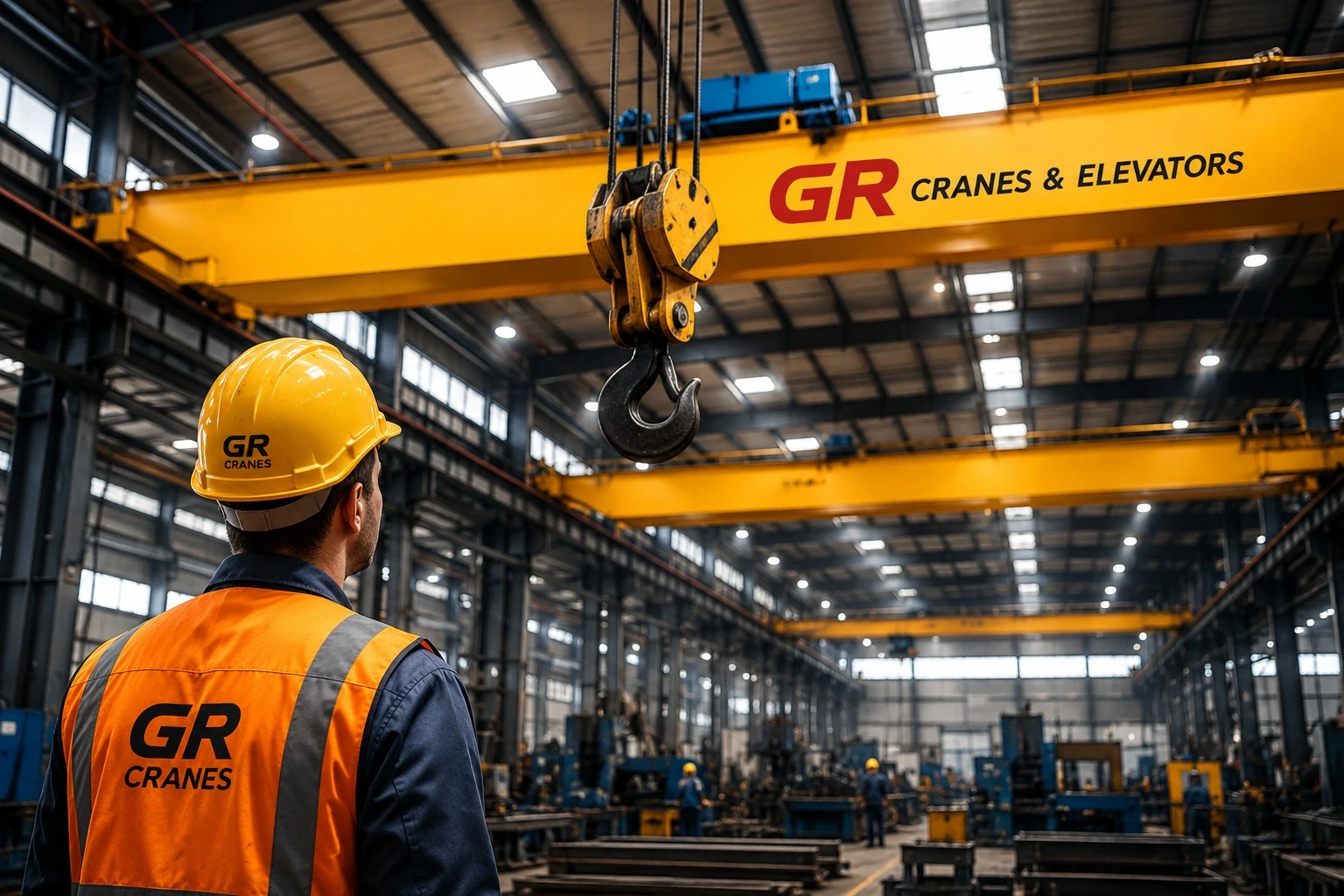GR Cranes & Elevators technician inspecting an overhead crane